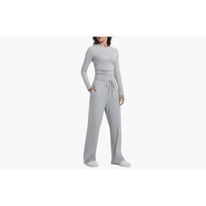 2 Piece Lounge Sets for Women Fall Outfits Long Sleeve Wide Leg White Large